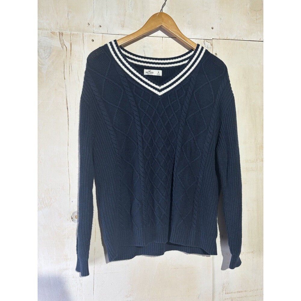 Hollister Navy Blue‎ Cable Knit V-Neck Sweater Y2K 2000s Sailor Preppy Size M